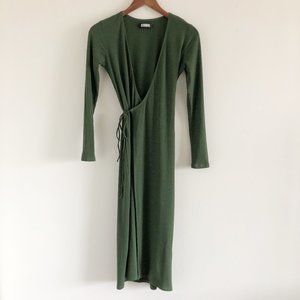 Reformation Ribbed Wrap Dress Small Green Long Sleeve